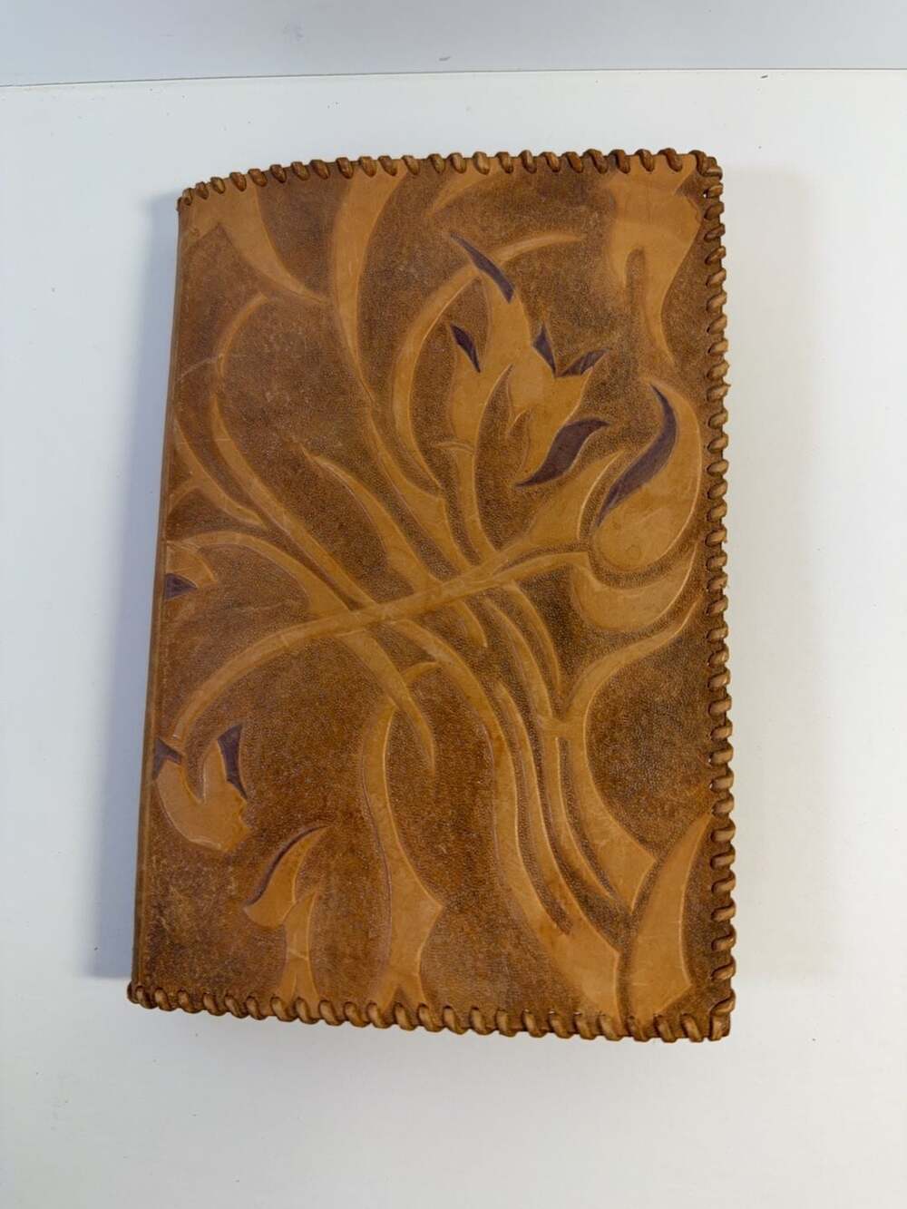 Vintage Hand-Tooled Leather Double Playing Card Case with Two Decks